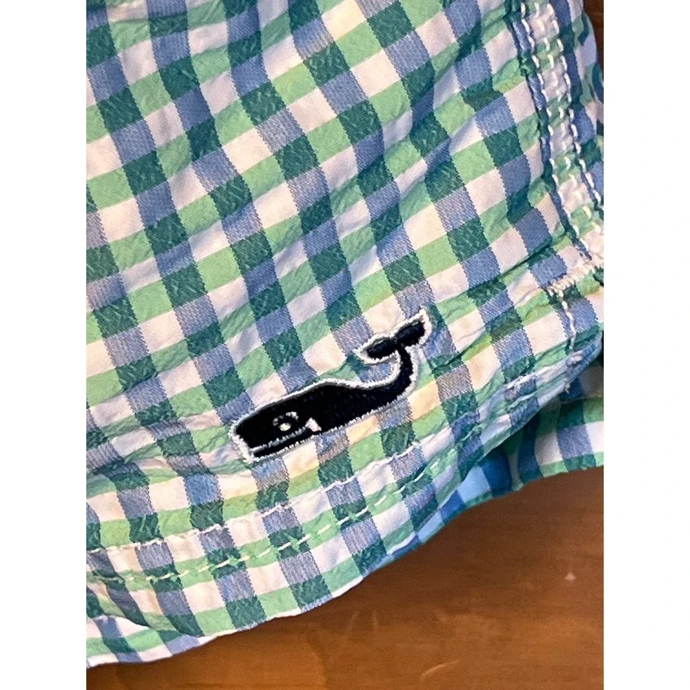 Vineyard Vines Men XL Gingham Swim Trunks Shorts Blue Green Whale Logo Beach Sun